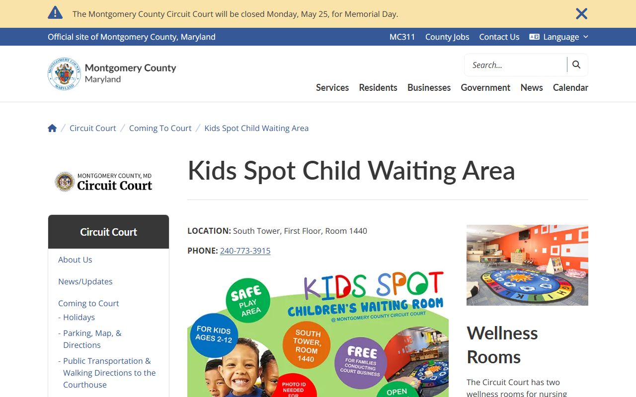 Montgomery County courthouse Kids Spot waiting area for court records visitors