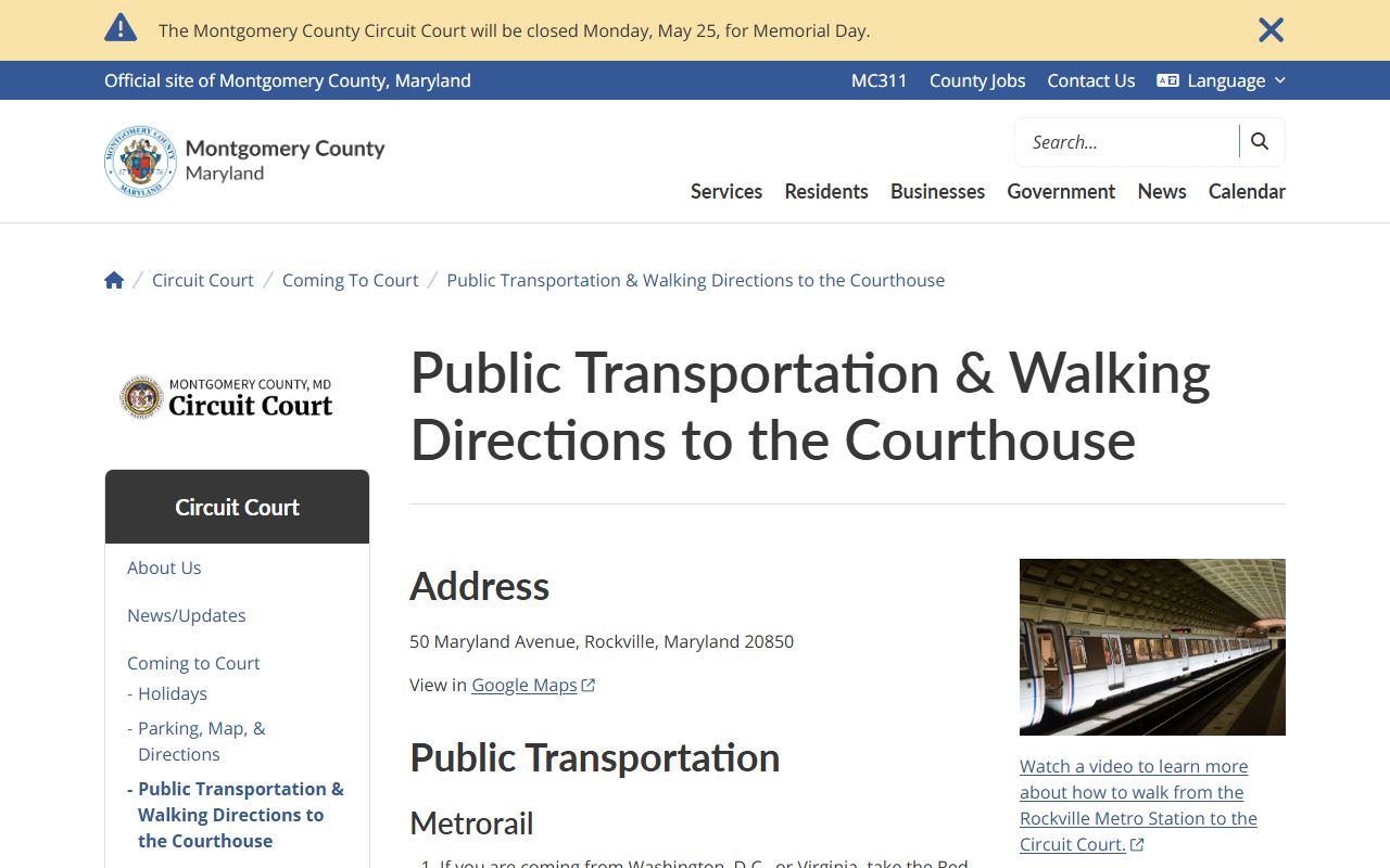 Public transportation and walking directions to Montgomery County court records courthouse