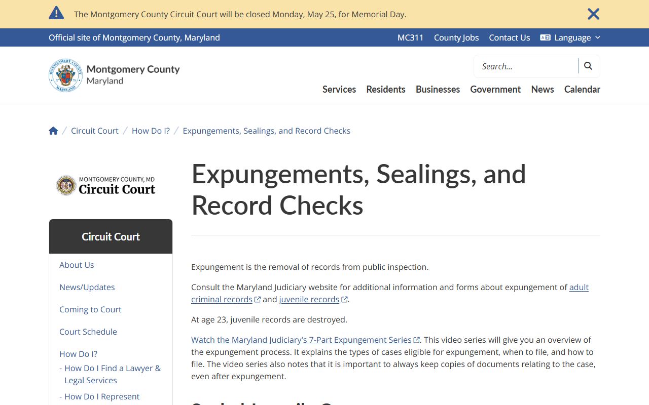 Montgomery County court records expungements sealings and record checks