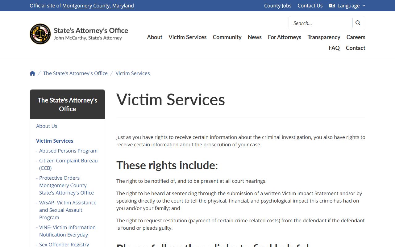 Montgomery County arrest records State's Attorney victim services