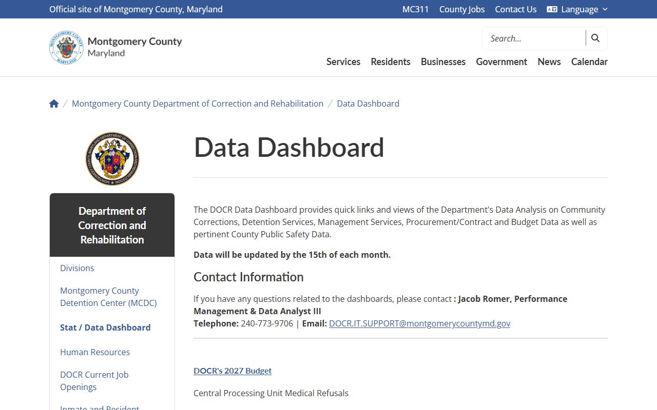 Montgomery County inmate records DOCR data dashboard