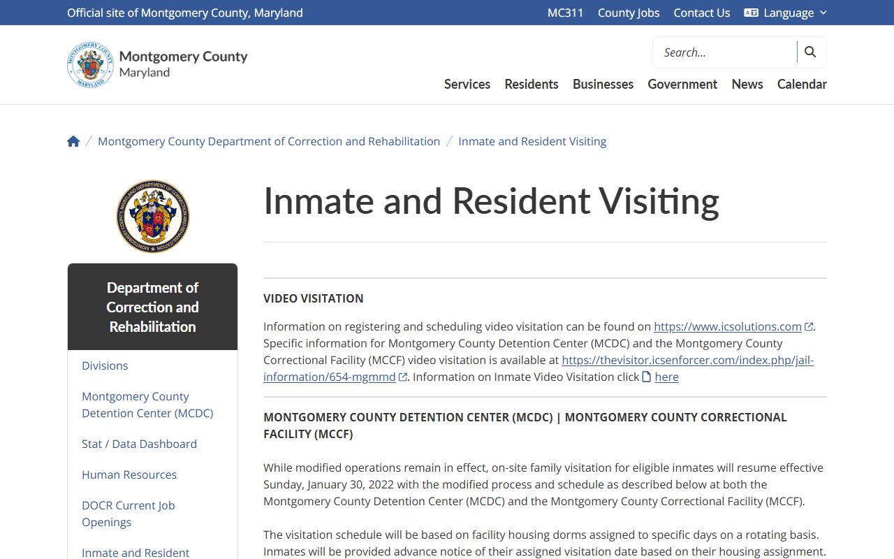 Montgomery County inmate records inmate and resident visiting