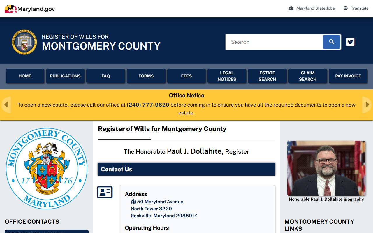 Montgomery County probate records Register of Wills office page