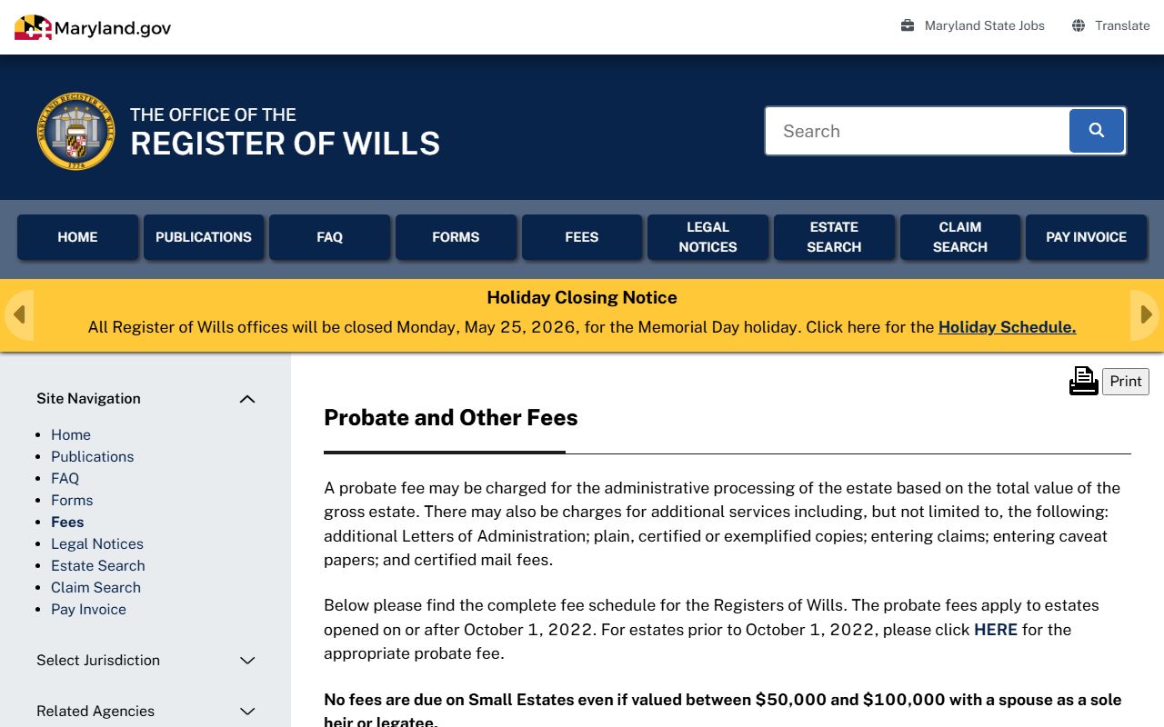 Montgomery County probate records Register of Wills fees