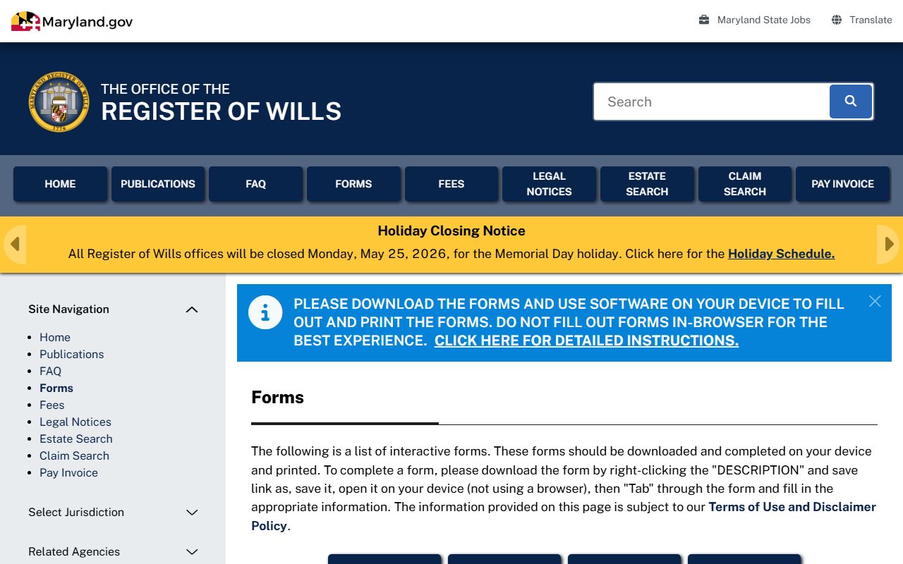 Montgomery County probate records Register of Wills forms