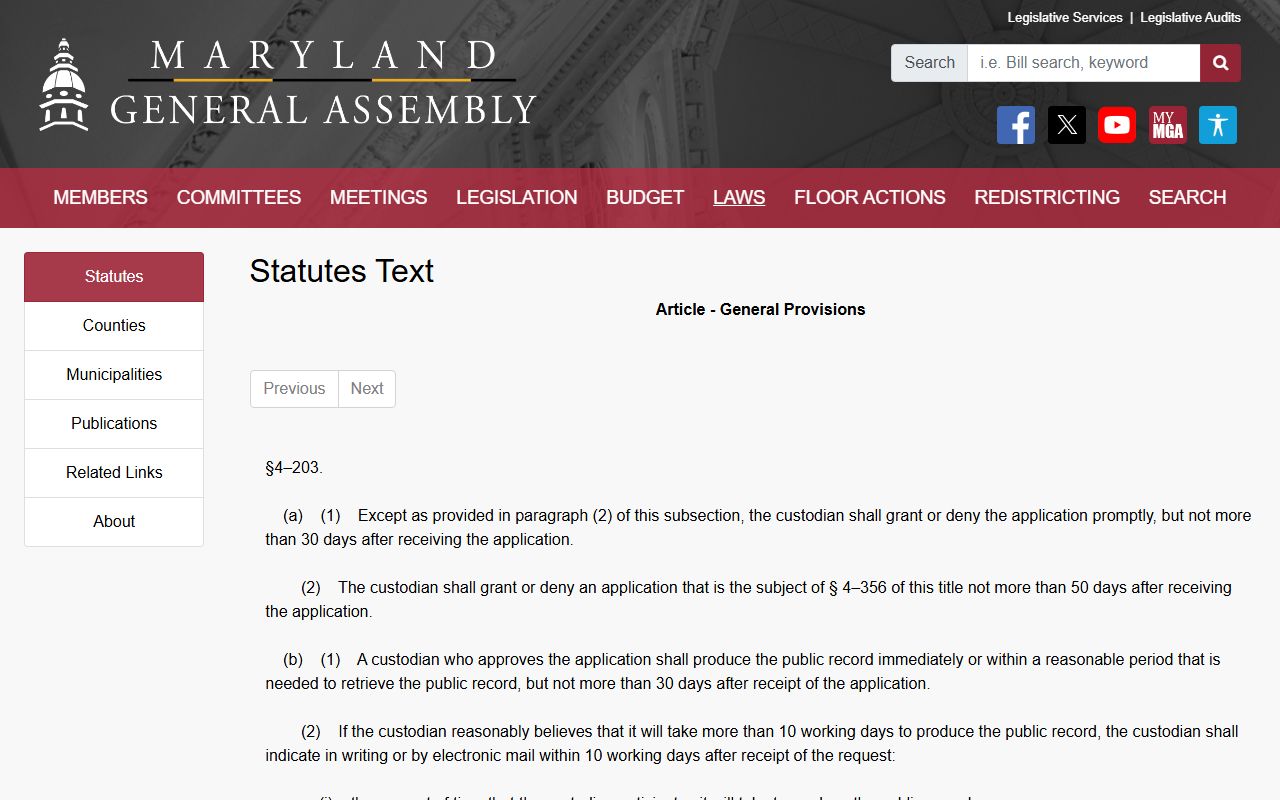 Montgomery County public records PIA timing and response statute