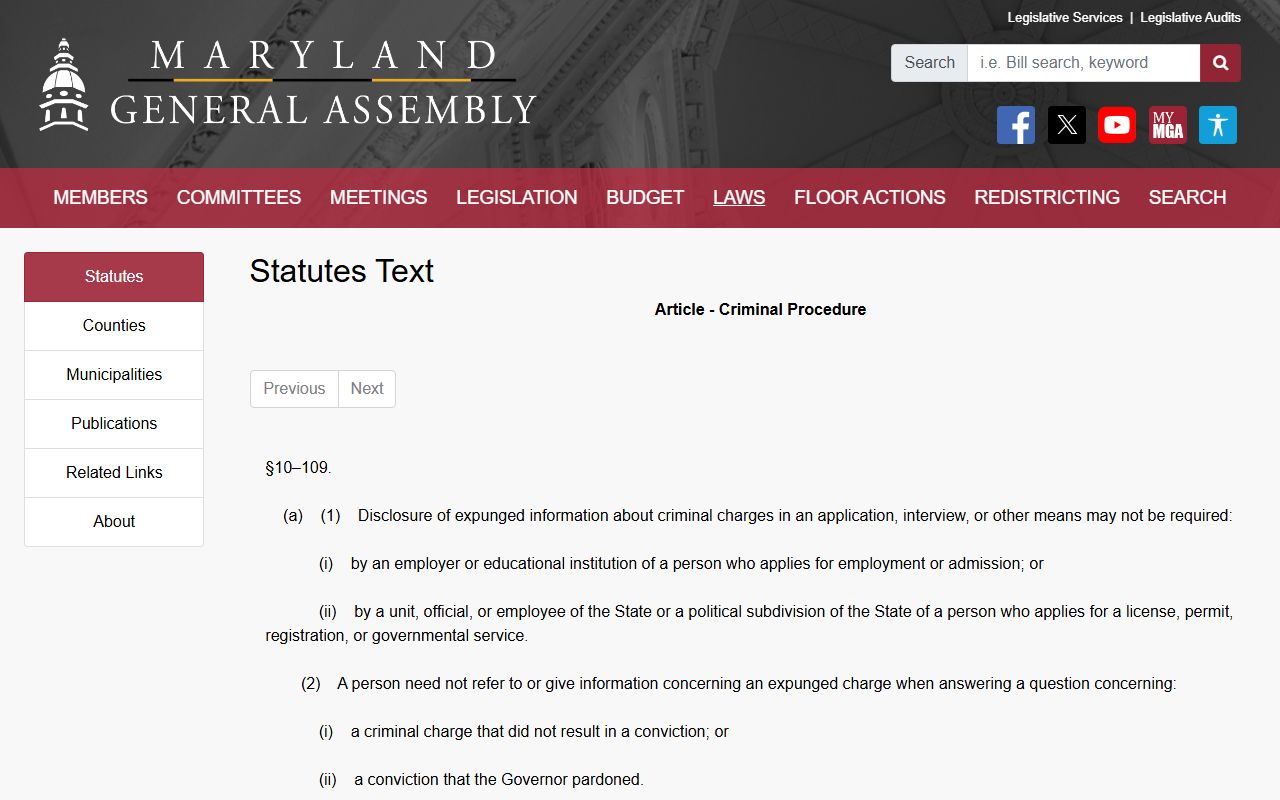 Montgomery County arrest records expungement effect statute