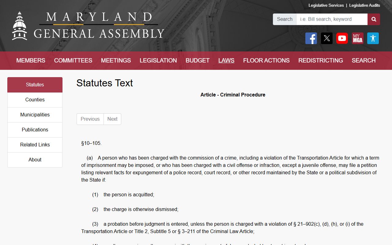 Montgomery County arrest records expungement eligibility statute